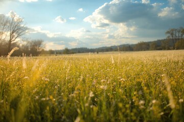 Fototapeta premium Morning sunlight illuminating a vibrant field in the warmer seasons