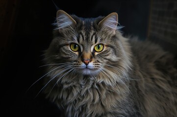 Fototapeta premium Beautiful furry cat with stripes at night