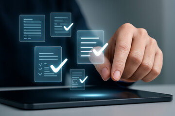 Realistic hand touching tablet with glowing holographic checkmarks for workflow approvals productivity milestones in futuristic professional digital workspace