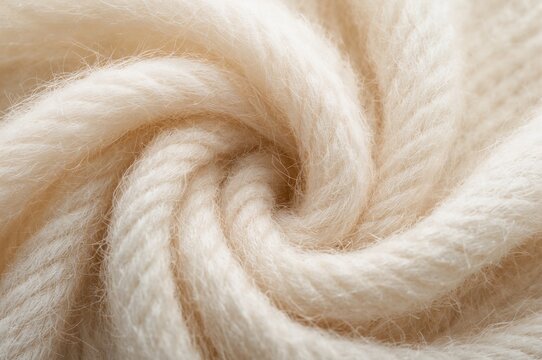 Close-up of a textured white knitted fabric pattern crafted from angora and wool with a swirl design