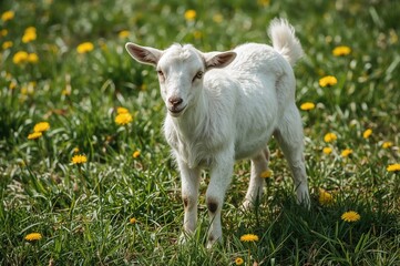 Obraz premium Bright sunny afternoon featuring a white goat amidst lush green grass and vibrant yellow dandelions