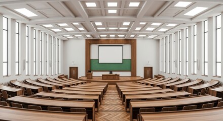 Empty University Lecture Hall Auditorium with Wooden Desks and Projector Screen