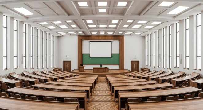 Empty University Lecture Hall Auditorium with Wooden Desks and Projector Screen