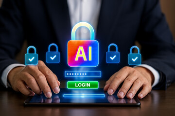AI login interface with holographic security locks, formal hands on tablet, digital authentication, futuristic access, professional technology concept