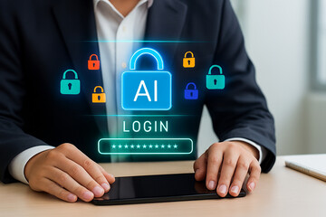 Secure AI login authentication with digital password protection, cybersecurity technology, encrypted data access, and futuristic identity verification system