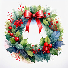 Colorful watercolor illustration of a festive Christmas wreath decorated with red berries and a vibrant bow