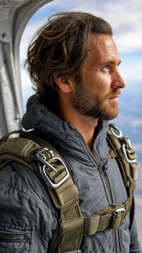 Adventurous skydiver prepares for thrilling jump inside airplane cabin