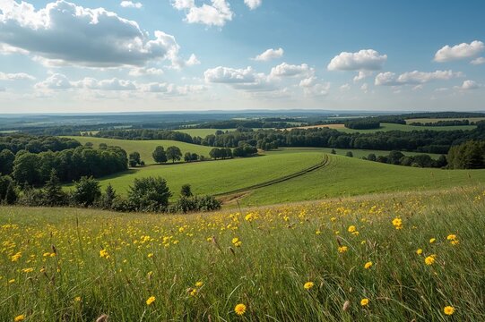 Breathtaking summer scenery with lush meadows and rolling hills