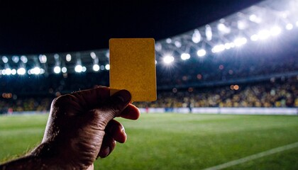 Hand holds up a yellow card during a soccer game in a stadium under bright lights.