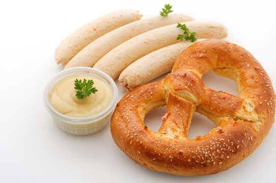 Light-colored sausages served with honey mustard and soft bread on a plain backdrop