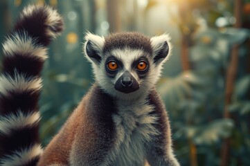 Obraz premium The ring-tailed lemur (Lemur catta) is a sizable strepsirrhine primate famed for its distinctive black and white striped tail.
