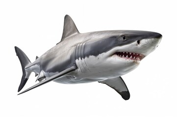 Fototapeta premium The Giant White Shark - Carcharodon carcharias is the biggest living predatory fish species globally. Creatures on a white backdrop.