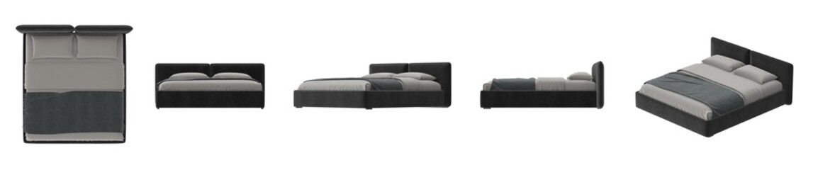 A contemporary bed with a dark gray upholstered frame, adorned with pillows and a blanket, is showcased from multiple angles, highlighting its design.
