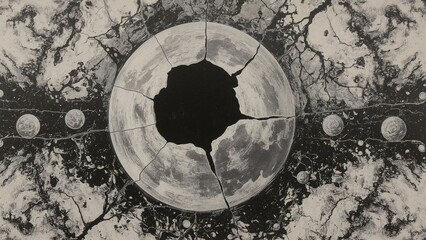 Monochrome abstract artwork depicting a fractured planet or celestial bodies with a prominent central cavity and textured, natural surface patterns.