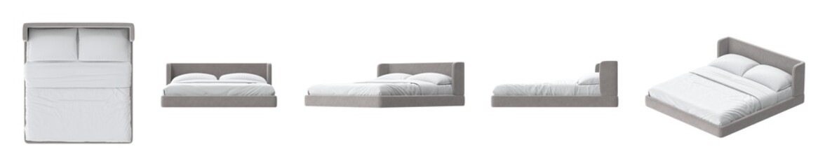 A contemporary bed with a gray frame and white linens is shown from multiple angles, including top-down and side views.