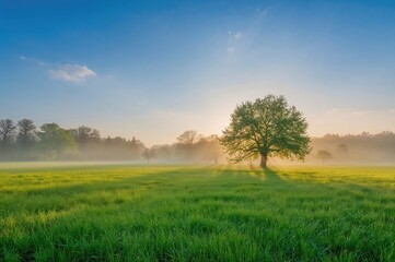 Fototapeta premium Dawn breaking across a foggy field