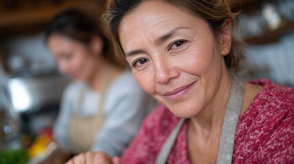 A woman in an apron smiles at the camera while another woman looks on