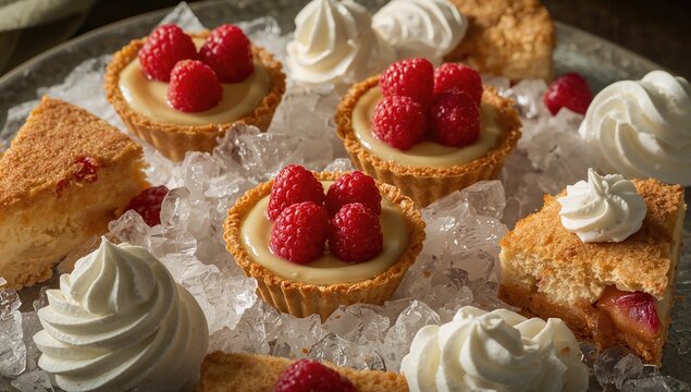 Mini pastry shells filled with creamy custard and topped with ripe raspberries