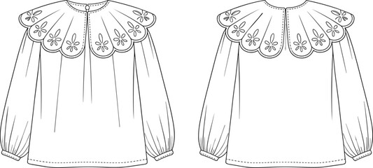 Vector technical flat sketch of long-sleeved blouse with scalloped embroidered yoke, floral detailing, gathered cuffs, loose fit, front and back views