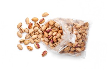 Overhead shot of shelled pistachios inside transparent packaging against a white background