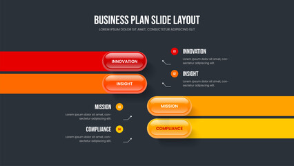 Fototapeta premium Advertising Planning Frame Template Vector Illustration. Sales Review Four Option Infographic Presentation Layout. Product Growth 4 Element Diagram Slide Design.