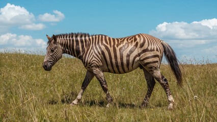 Obraz premium Hybrid equine resembling a zebra standing in a meadow