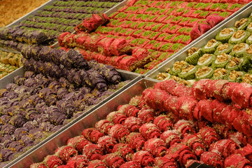 Colorful assortment of traditional Turkish sweets in market display