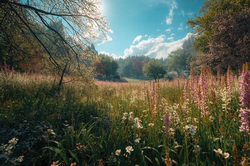 Colorful flowers blooming in a natural spring meadow
