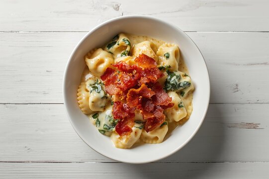 Creamy cheese sauce tortellini topped with crunchy bacon served in a white bowl on a light wooden surface, overhead shot