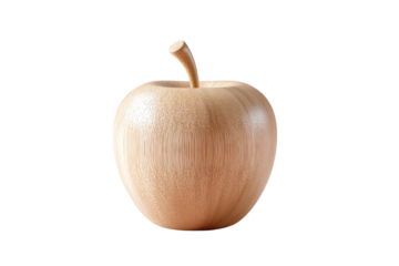 Carved wooden apple on black background: realistic fruit sculpture art, cut out