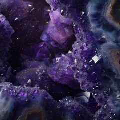 Magical purple amethyst crystal geode with glowing golden specks and cosmic details.