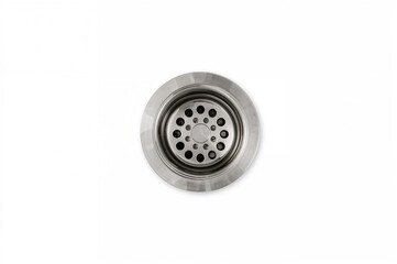 Overhead perspective of a stainless steel basin drain against a white background