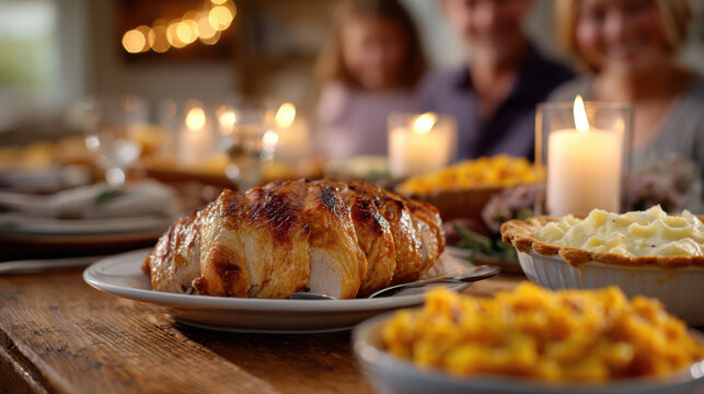 Large wooden table filled with roasted turkey, mashed potatoes, pumpkin pie, and candles, family gathered around smiling, warm golden light, cozy holiday atmosphere. - Powered by Adobe