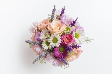 Studio photograph of a tiny arrangement of garden blooms against a white backdrop.
