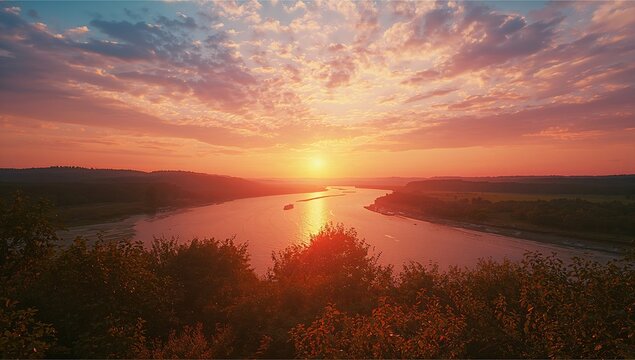 Evening panorama of a flowing river at dusk
