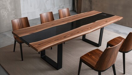 Epoxy resin-coated wooden tabletop supported by black metal legs, accompanied by chairs in a room setting