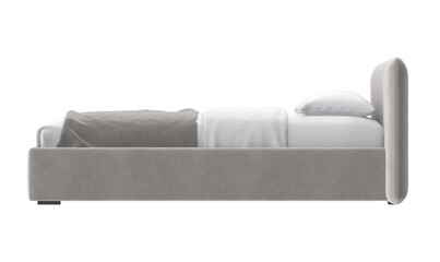 Fototapeta premium A side view of a contemporary bed featuring a soft gray headboard and base, with white sheets and a gray blanket.