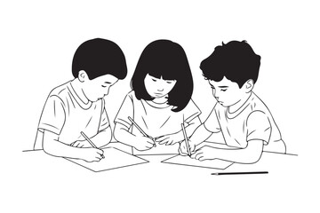 Three children focused on their drawing and writing at a table