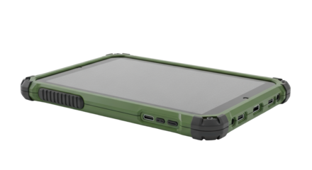 A rugged, military olive green field tablet, reinforced, textured, with a dark grey static screen, isolated on a transparent background with soft light, concept of rugged technology