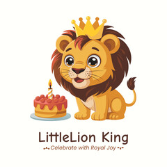 Cartoon lion cub wearing a crown with a birthday cake