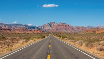 Asphalt road extending into a desert landscape with shrubs along the edges and hills visible in the distance.
