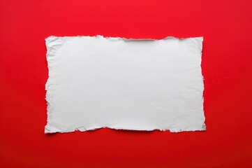 Overhead view of torn white paper on a crimson surface. Template with blank area for text.
