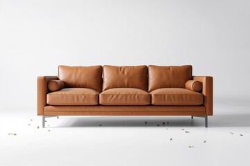 Fototapeta premium Three-seater comfortable leather couch on a white backdrop