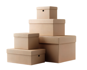 transparent background five cardboard boxes stacked on top of each other