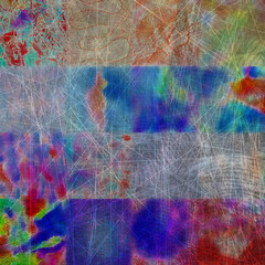 Abstract artwork composed of grey, blue, red, and purple patches layered in a grid-like structure. Fine scratched overlays cross the surface, producing a chaotic yet organized impression © nicholasgeorgiou