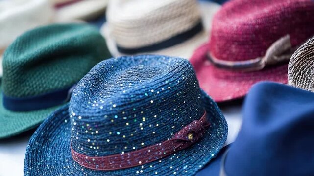 A collection of hats on a table, great for fashion or accessories use