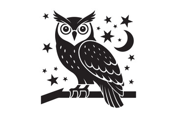 Whimsical owl perched on a branch under a starry night sky