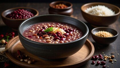 Winter Solstice Korea red bean porridge in ceramic bowl,