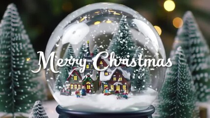 A festive snow globe scene with miniature houses, trees, and falling snow, celebrating Christmas. - Powered by Adobe