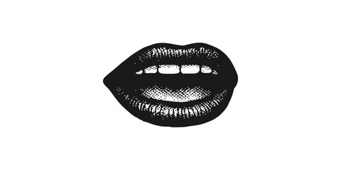 Vector illustration of a woman's mouth with lipstick, teeth, and a kiss, isolated in black and white